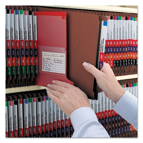 Image of Smead End Tab Pressboard Classification Folders, Six SafeSHIELD Fasteners, 2" Expansion, 2 Dividers, Legal Size, Red, 10/Box
