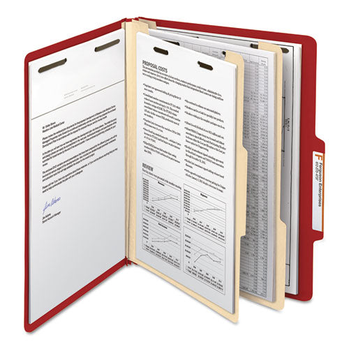 Image of Smead Top Tab Classification Folders, Six SafeSHIELD Fasteners, 2" Expansion, 2 Dividers, Letter Size, Red Exterior, 10/Box