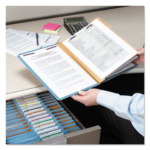 Image of Smead Eight-Section Pressboard Top Tab Classification Folders, Eight SafeSHIELD Fasteners, 3 Dividers, Legal Size, Blue, 10/Box