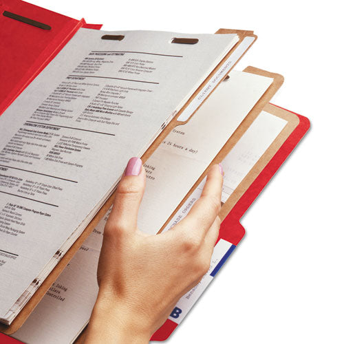 Image of Smead Eight-Section Pressboard Top Tab Classification Folders, 8 SafeSHIELD Fasteners, 3 Dividers, Letter Size, Bright Red, 10/Box