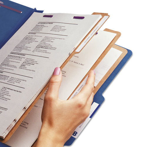 Image of Smead Eight-Section Pressboard Top Tab Classification Folders, 8 SafeSHIELD Fasteners, 3 Dividers, Legal Size, Dark Blue, 10/Box