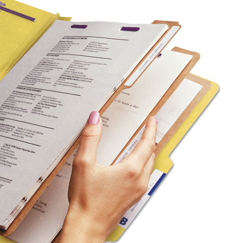 Image of Smead Eight-Section Pressboard Top Tab Classification Folders, Eight SafeSHIELD Fasteners, 3 Dividers, Letter Size, Yellow, 10/Box