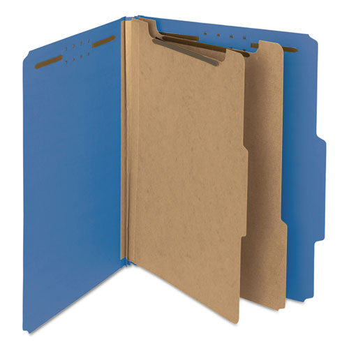 Image of Smead Recycled Pressboard Classification Folders, 2" Expansion, 2 Dividers, 6 Fasteners, Letter Size, Dark Blue, 10/Box