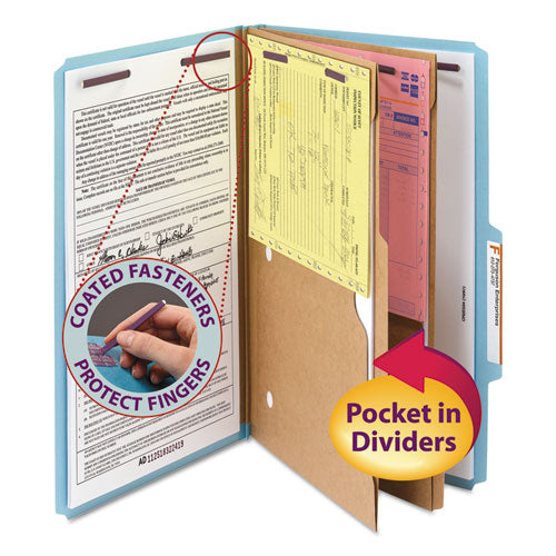 Image of Smead 6-Section Pressboard Top Tab Pocket Classification Folders, 6 SafeSHIELD Fasteners, 2 Dividers, Legal Size, Blue, 10/Box