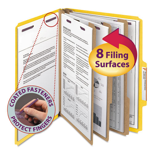 Image of Smead Eight-Section Pressboard Top Tab Classification Folders, Eight SafeSHIELD Fasteners, 3 Dividers, Letter Size, Yellow, 10/Box