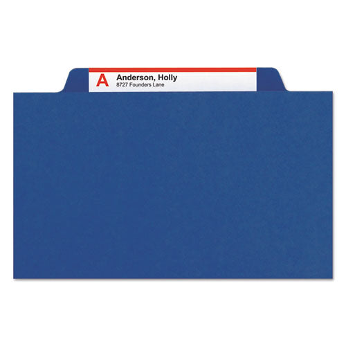 Image of Smead Four-Section Pressboard Top Tab Classification Folders, Four SafeSHIELD Fasteners, 1 Divider, Letter Size, Dark Blue, 10/Box