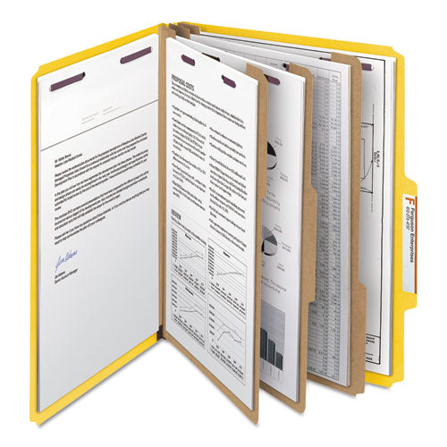 Image of Smead Eight-Section Pressboard Top Tab Classification Folders, Eight SafeSHIELD Fasteners, 3 Dividers, Letter Size, Yellow, 10/Box
