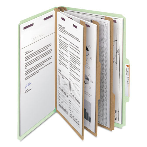 Image of Smead Pressboard Classification Folders, Eight SafeSHIELD Fasteners, 2/5-Cut Tabs, 3 Dividers, Legal Size, Gray-Green, 10/Box