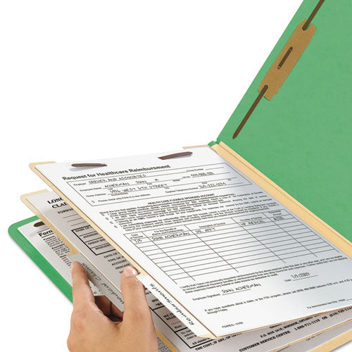Image of Smead Top Tab Classification Folders, Six SafeSHIELD Fasteners, 2" Expansion, 2 Dividers, Letter Size, Green Exterior, 10/Box