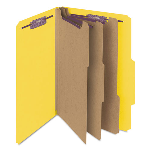 Image of Smead Eight-Section Pressboard Top Tab Classification Folders, Eight SafeSHIELD Fasteners, 3 Dividers, Legal Size, Yellow, 10/Box
