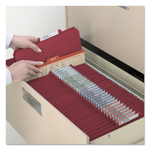 Image of Smead Top Tab Classification Folders, Four SafeSHIELD Fasteners, 2" Expansion, 1 Divider, Letter Size, Red Exterior, 10/Box