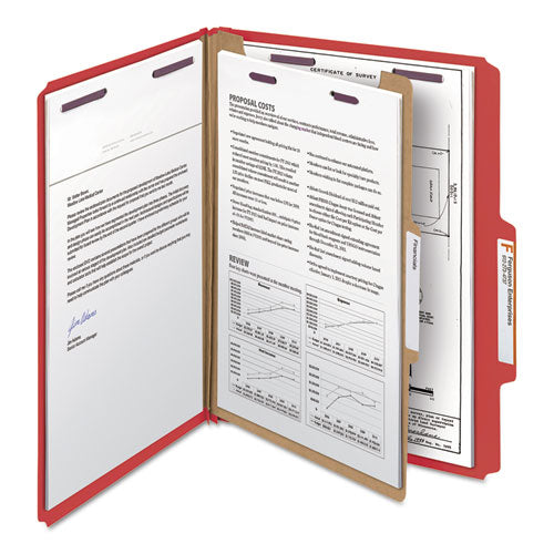 Image of Smead Four-Section Pressboard Top Tab Classification Folders, Four SafeSHIELD Fasteners, 1 Divider, Letter Size, Bright Red, 10/Box