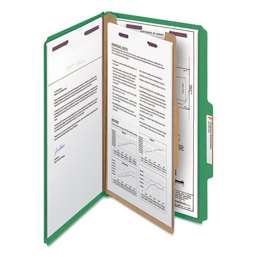 Image of Smead Four-Section Pressboard Top Tab Classification Folders, Four SafeSHIELD Fasteners, 1 Divider, Legal Size, Green, 10/Box