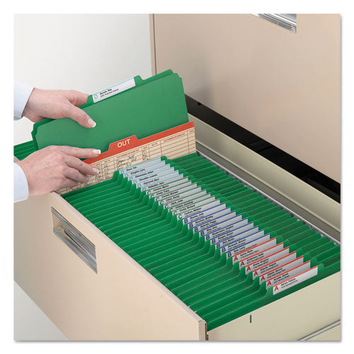 Image of Smead Four-Section Pressboard Top Tab Classification Folders, Four SafeSHIELD Fasteners, 1 Divider, Letter Size, Green, 10/Box