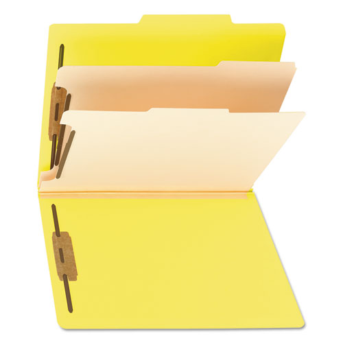 Image of Smead Top Tab Classification Folders, Six SafeSHIELD Fasteners, 2" Expansion, 2 Dividers, Letter Size, Yellow Exterior, 10/Box