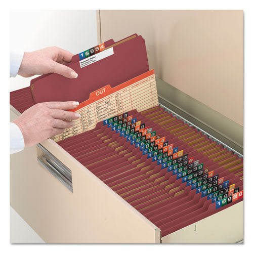 Image of Smead Pressboard Classification Folders, Eight SafeSHIELD Fasteners, 2/5-Cut Tabs, 3 Dividers, Legal Size, Red, 10/Box