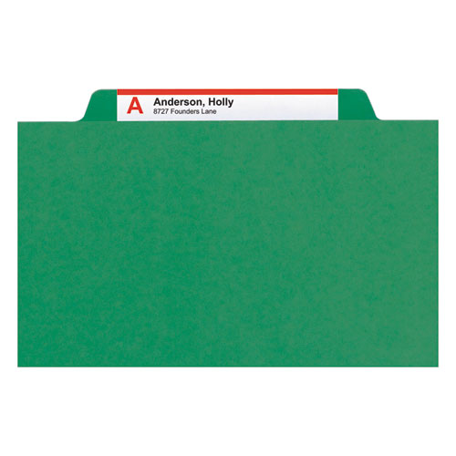 Image of Smead 6-Section Pressboard Top Tab Pocket Classification Folders, 6 SafeSHIELD Fasteners, 2 Dividers, Legal Size, Green, 10/Box
