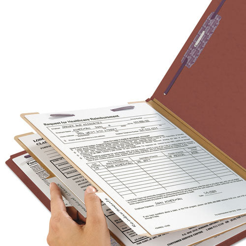 Image of Smead Pressboard Classification Folders, Six SafeSHIELD Fasteners, 2/5-Cut Tabs, 2 Dividers, Legal Size, Red, 10/Box