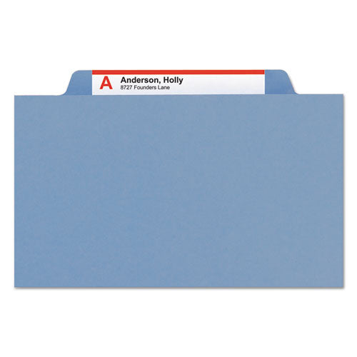 Image of Smead Top Tab Classification Folders, Six SafeSHIELD Fasteners, 2" Expansion, 2 Dividers, Letter Size, Blue Exterior, 10/Box
