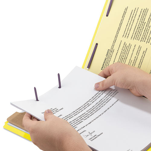 Image of Smead Four-Section Pressboard Top Tab Classification Folders, Four SafeSHIELD Fasteners, 1 Divider, Legal Size, Yellow, 10/Box