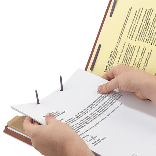 Image of Smead Pressboard Classification Folders, Four SafeSHIELD Fasteners, 2/5-Cut Tabs, 1 Divider, Legal Size, Red, 10/Box