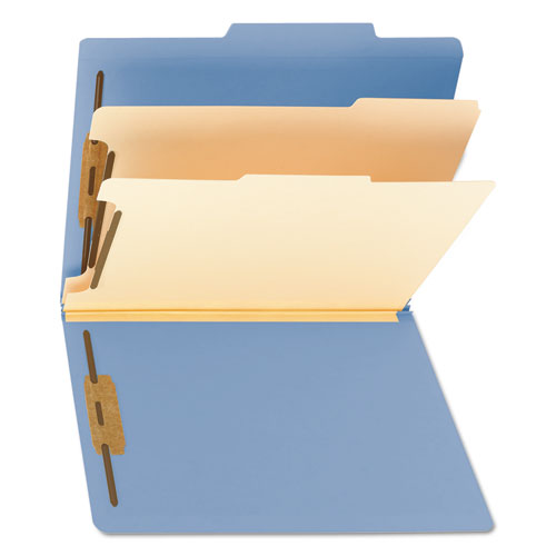 Image of Smead Top Tab Classification Folders, Six SafeSHIELD Fasteners, 2" Expansion, 2 Dividers, Letter Size, Blue Exterior, 10/Box