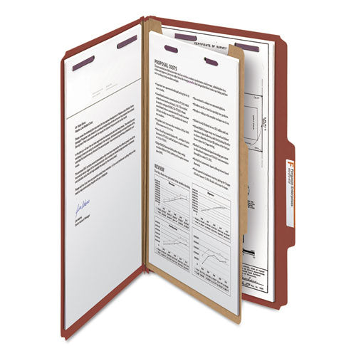 Image of Smead Pressboard Classification Folders, Four SafeSHIELD Fasteners, 2/5-Cut Tabs, 1 Divider, Legal Size, Red, 10/Box