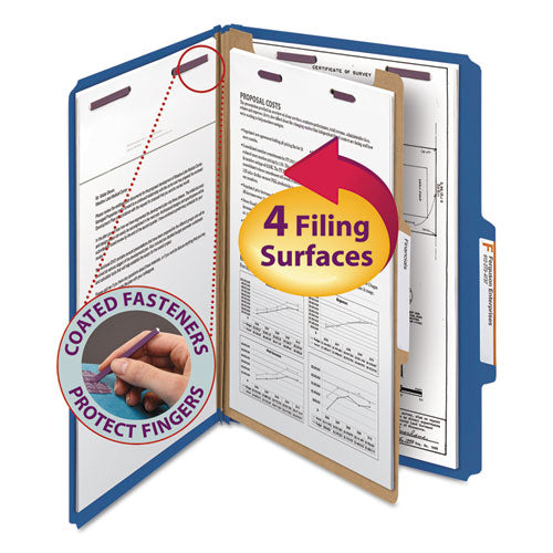 Image of Smead Four-Section Pressboard Top Tab Classification Folders, Four SafeSHIELD Fasteners, 1 Divider, Legal Size, Dark Blue, 10/Box