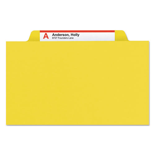 Image of Smead Four-Section Pressboard Top Tab Classification Folders, Four SafeSHIELD Fasteners, 1 Divider, Legal Size, Yellow, 10/Box