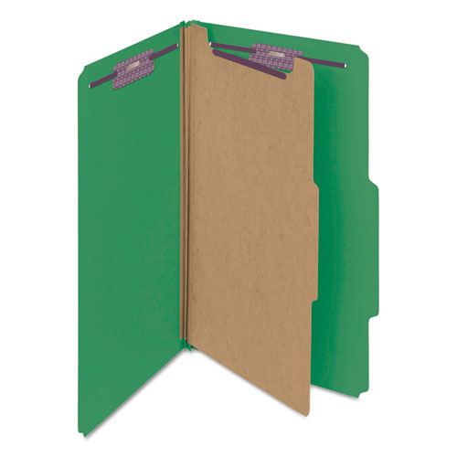 Image of Smead Four-Section Pressboard Top Tab Classification Folders, Four SafeSHIELD Fasteners, 1 Divider, Legal Size, Green, 10/Box