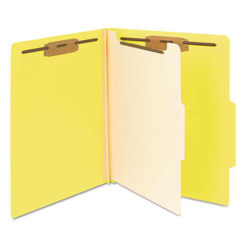 Image of Smead Top Tab Classification Folders, Four SafeSHIELD Fasteners, 2" Expansion, 1 Divider, Letter Size, Yellow Exterior, 10/Box