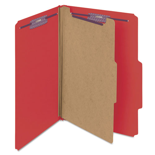 Image of Smead Four-Section Pressboard Top Tab Classification Folders, Four SafeSHIELD Fasteners, 1 Divider, Legal Size, Bright Red, 10/Box