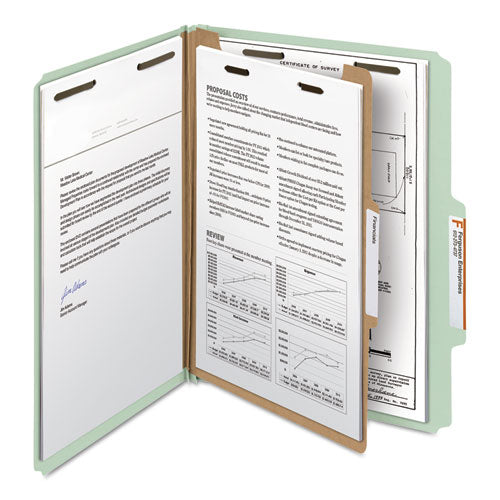 Image of Smead Recycled Pressboard Classification Folders, 3" Expansion, 3 Dividers, 8 Fasteners, Legal Size, Gray-Green, 10/Box