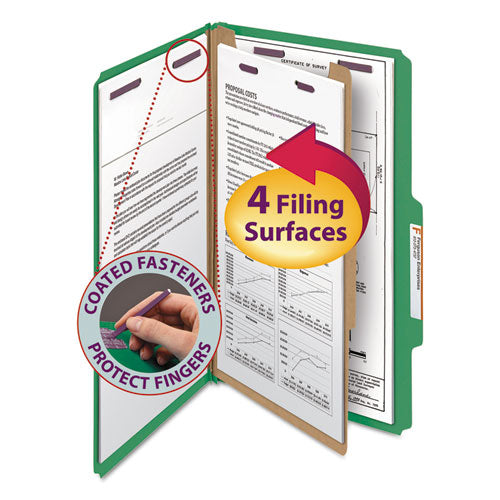 Image of Smead Four-Section Pressboard Top Tab Classification Folders, Four SafeSHIELD Fasteners, 1 Divider, Legal Size, Green, 10/Box