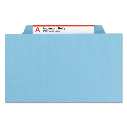 Image of Smead Eight-Section Pressboard Top Tab Classification Folders, Eight SafeSHIELD Fasteners, 3 Dividers, Legal Size, Blue, 10/Box