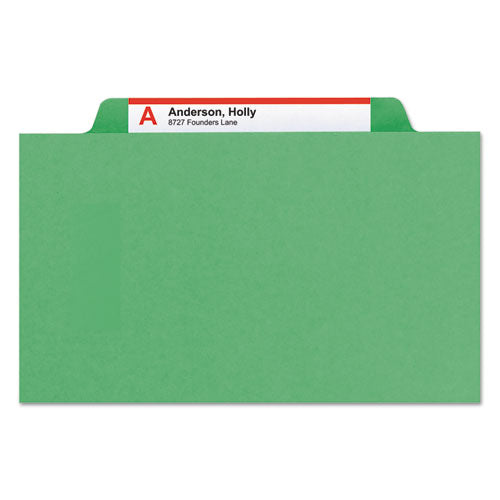 Image of Smead Top Tab Classification Folders, Six SafeSHIELD Fasteners, 2" Expansion, 2 Dividers, Letter Size, Green Exterior, 10/Box