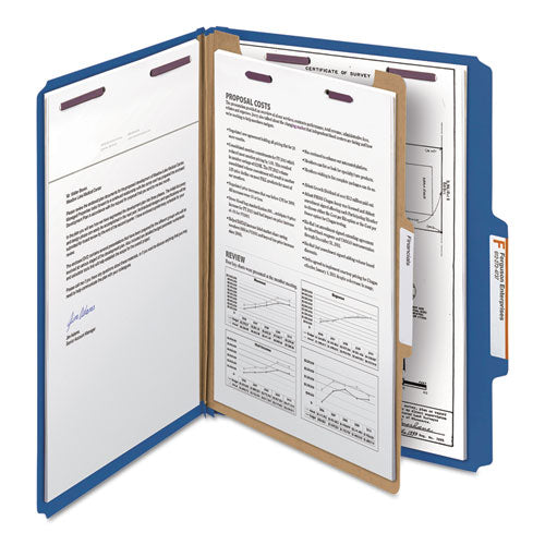 Image of Smead Four-Section Pressboard Top Tab Classification Folders, Four SafeSHIELD Fasteners, 1 Divider, Letter Size, Dark Blue, 10/Box
