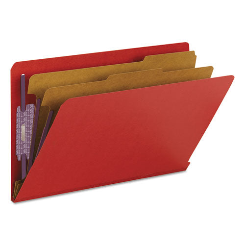 Image of Smead End Tab Pressboard Classification Folders, Six SafeSHIELD Fasteners, 2" Expansion, 2 Dividers, Legal Size, Bright Red, 10/Box