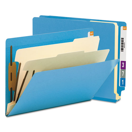 Image of Smead Colored End Tab Classification Folders with Dividers, 2" Expansion, 2 Dividers, 6 Fasteners, Letter Size, Blue, 10/Box