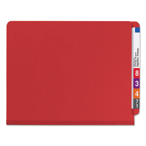 Image of Smead End Tab Pressboard Classification Folders, Six SafeSHIELD Fasteners, 2" Expansion, 2 Dividers, Letter Size, Bright Red, 10/BX