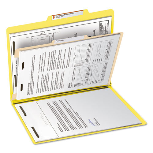 Image of Smead Top Tab Classification Folders, Four SafeSHIELD Fasteners, 2" Expansion, 1 Divider, Letter Size, Yellow Exterior, 10/Box