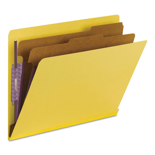 Image of Smead End Tab Pressboard Classification Folders, Six SafeSHIELD Fasteners, 2" Expansion, 2 Dividers, Letter Size, Yellow, 10/Box