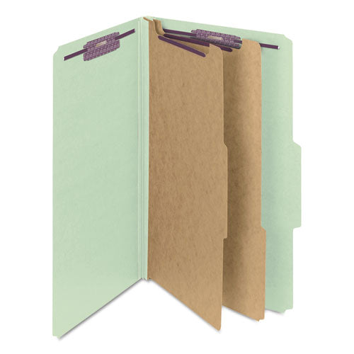 Image of Smead Pressboard Classification Folders, Six SafeSHIELD Fasteners, 2/5-Cut Tabs, 2 Dividers, Legal Size, Gray-Green, 10/Box