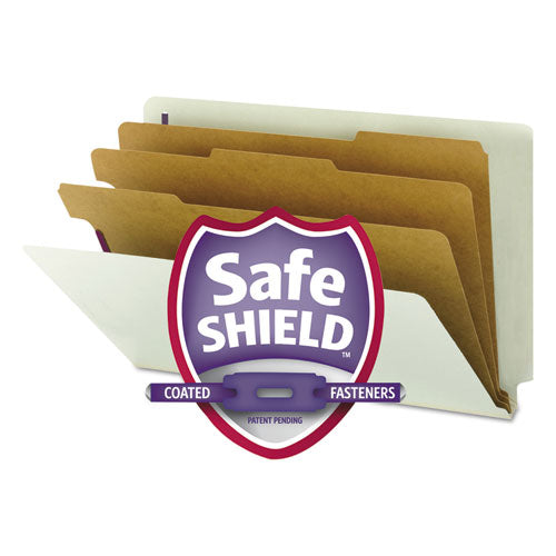 Image of Smead End Tab Pressboard Classification Folders, Eight SafeSHIELD Fasteners, 3" Expansion, 3 Dividers, Legal Size, Gray-Green,10/BX
