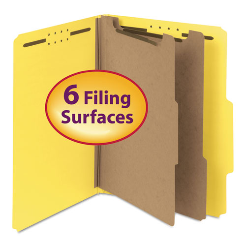 Image of Smead Recycled Pressboard Classification Folders, 2" Expansion, 2 Dividers, 6 Fasteners, Letter Size, Yellow Exterior, 10/Box