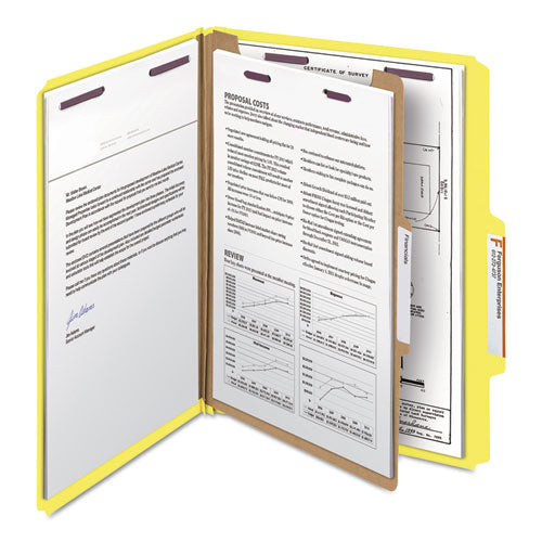 Image of Smead Four-Section Pressboard Top Tab Classification Folders, Four SafeSHIELD Fasteners, 1 Divider, Letter Size, Yellow, 10/Box