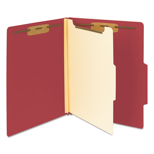 Image of Smead Top Tab Classification Folders, Four SafeSHIELD Fasteners, 2" Expansion, 1 Divider, Letter Size, Red Exterior, 10/Box