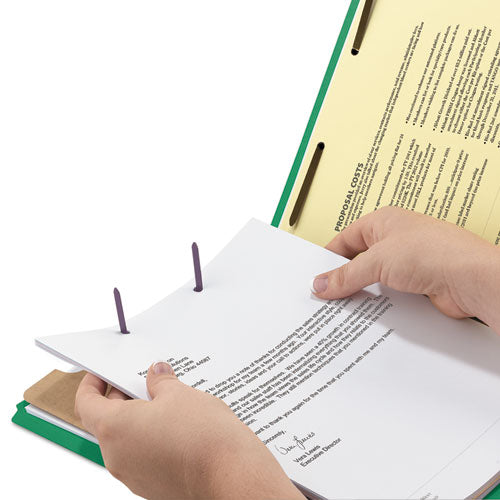 Image of Smead Recycled Pressboard Classification Folders, 2" Expansion, 2 Dividers, 6 Fasteners, Letter Size, Green Exterior, 10/Box