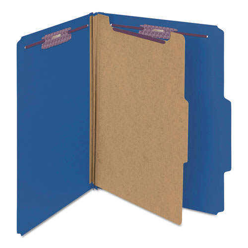 Image of Smead Four-Section Pressboard Top Tab Classification Folders, Four SafeSHIELD Fasteners, 1 Divider, Letter Size, Dark Blue, 10/Box
