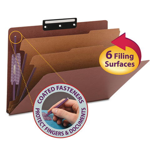 Image of Smead Pressboard Classification Folders, Six SafeSHIELD Fasteners, 1/3-Cut Tabs, 2 Dividers, Legal Size, Red, 10/Box